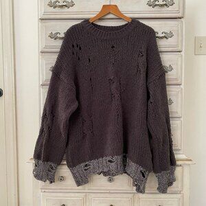 Umgee Distressed Knit Sweater - Dark Brown